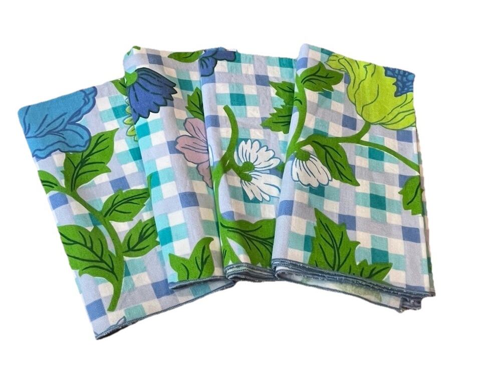 4 Vintage 1960's floral Plaid napkins Cotton Blue Green Purple 17 X 19” Pop Art
